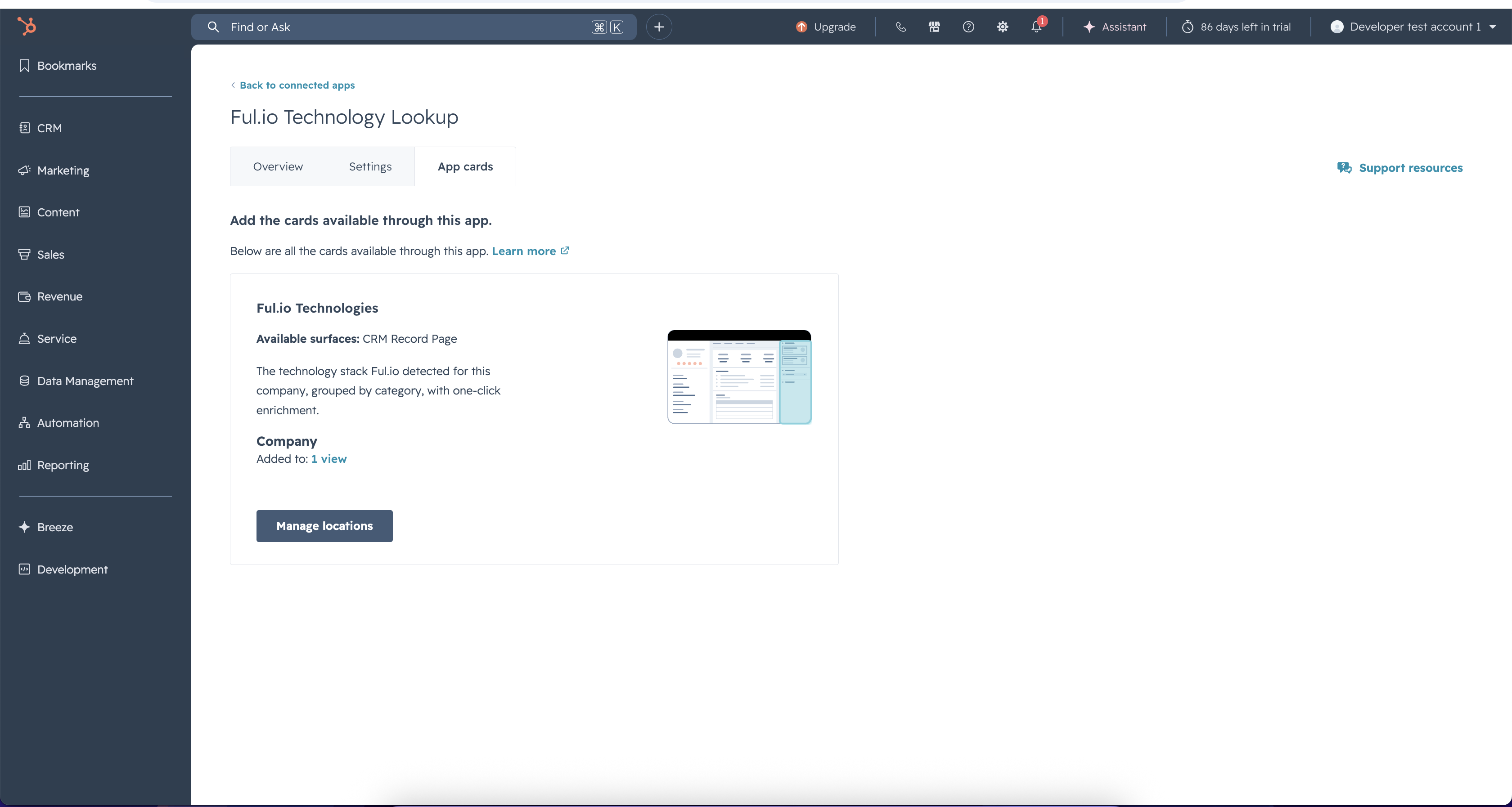 The App cards tab with the Manage locations option in HubSpot settings