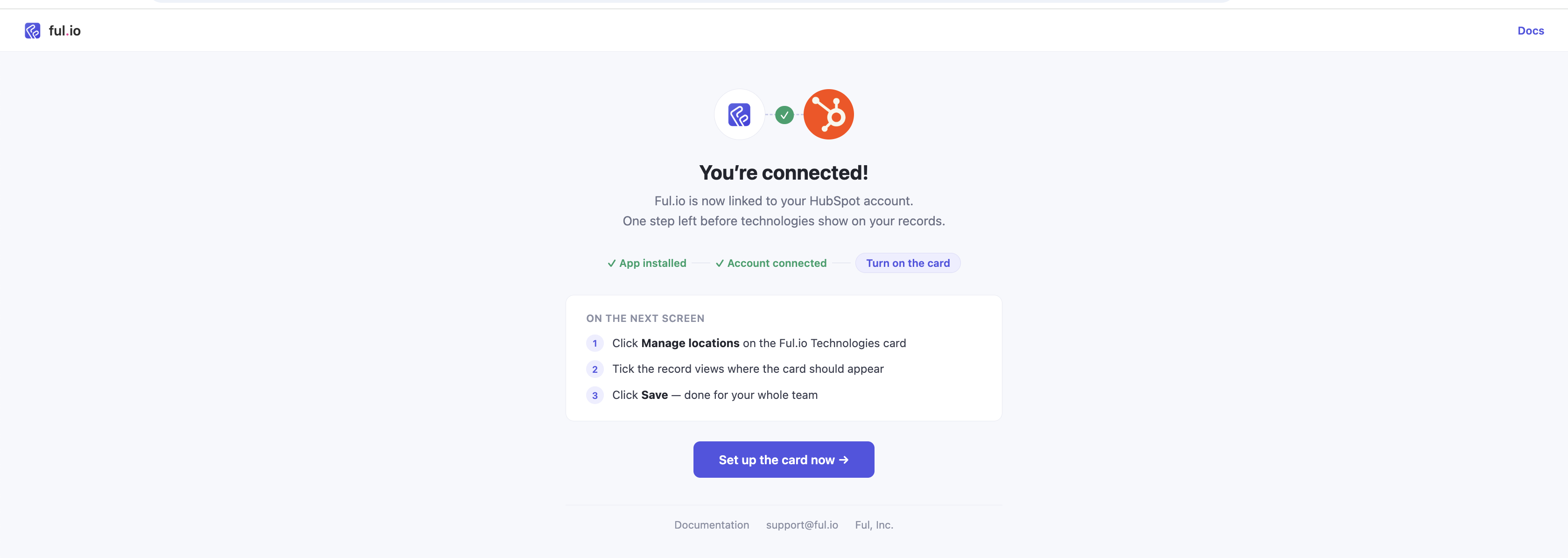 The Ful.io connected confirmation page shown after installing