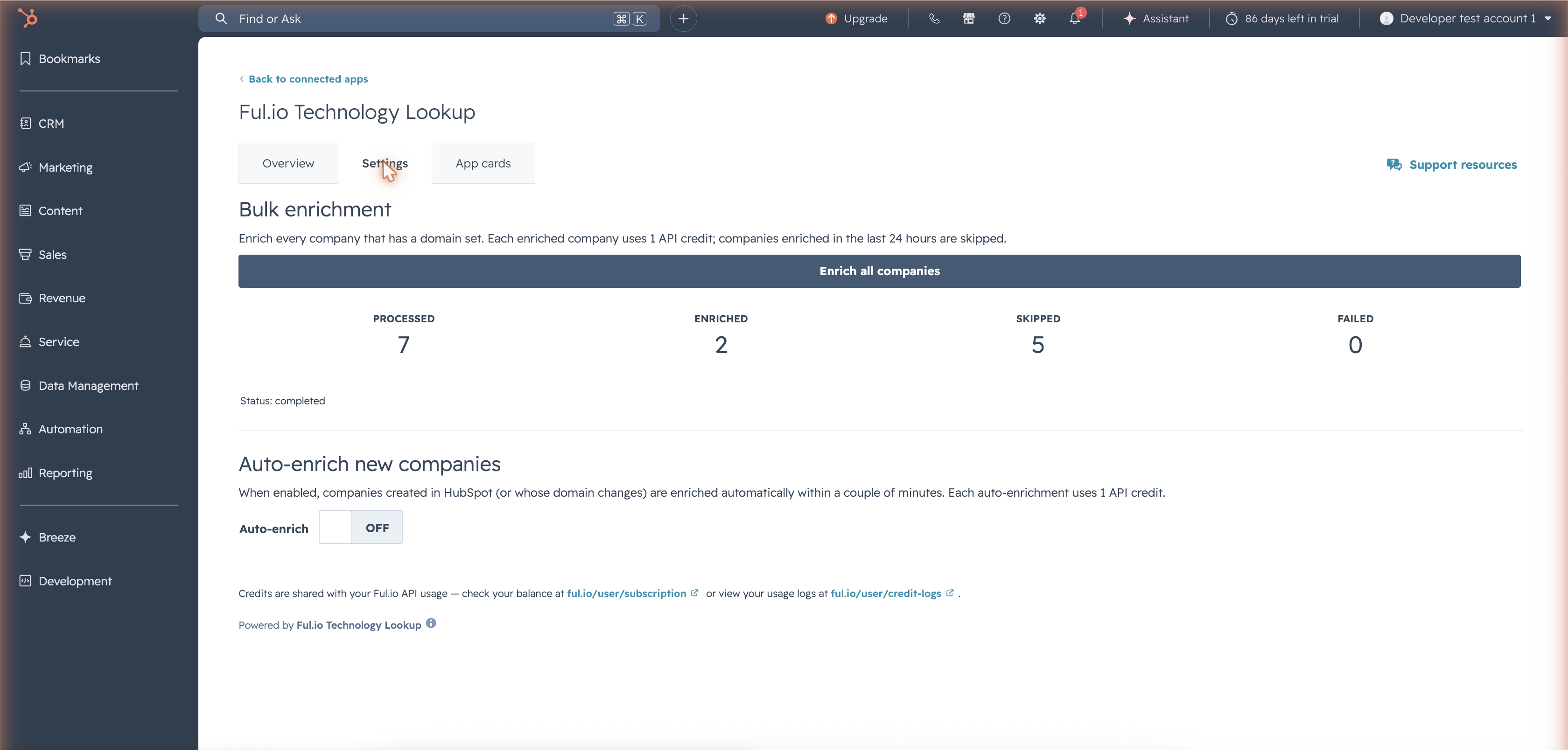 The Ful.io app settings page in HubSpot with bulk enrichment and auto enrich